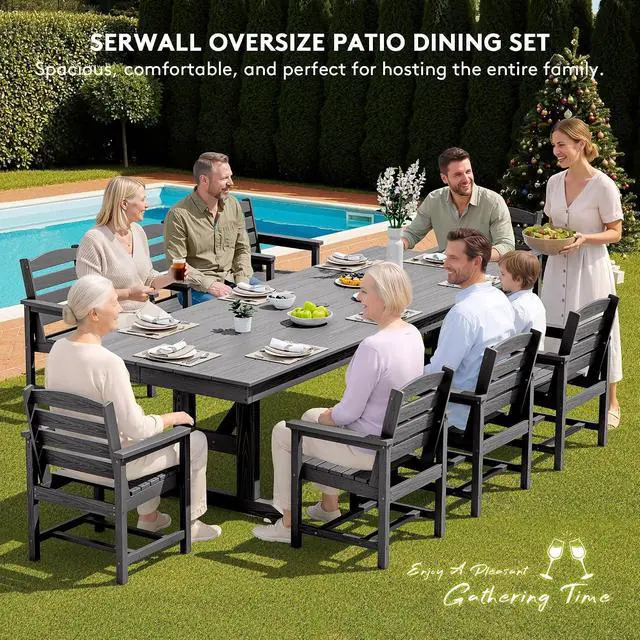 Alt view image 7 of 7 - 9 Piece Outdoor Dining Set, 84" HDPE Outdoor Table and Chairs for 8All Weather Patio Furniture Set with Umbrella Hole for Backyard, Garden, Gray