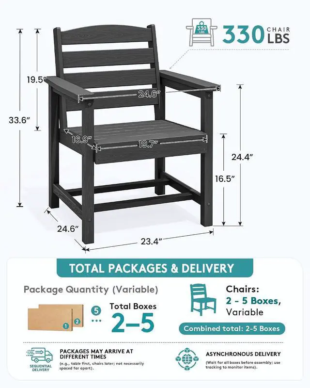 Alt view image 2 of 6 - Outdoor Dining Chairs Set of 2, All-Weather HDPE Patio Chair with 19.7" Widened Seat, for Backyard, Garden, Black