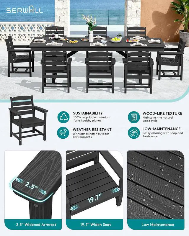 Alt view image 3 of 7 - 9 Piece Outdoor Dining Set, 84" HDPE Outdoor Table and Chairs for 8All Weather Patio Dining Furniture Set with Umbrella Hole for Backyard, Garden, Black