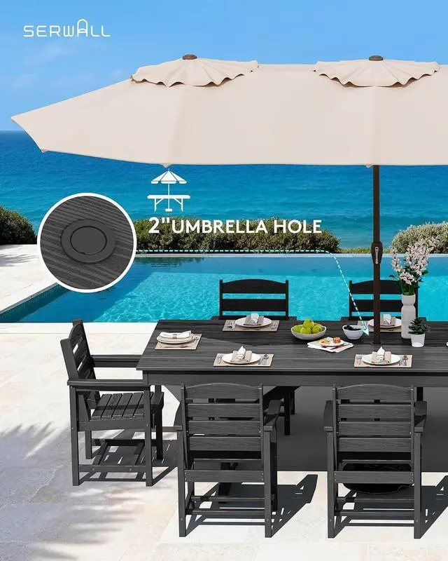 Alt view image 5 of 7 - 9 Piece Outdoor Dining Set, 84" HDPE Outdoor Table and Chairs for 8All Weather Patio Dining Furniture Set with Umbrella Hole for Backyard, Garden, Black