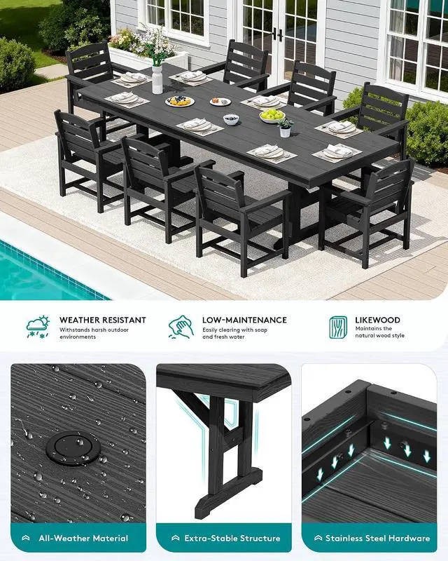 Alt view image 4 of 7 - 9 Piece Outdoor Dining Set, 84" HDPE Outdoor Table and Chairs for 8All Weather Patio Dining Furniture Set with Umbrella Hole for Backyard, Garden, Black