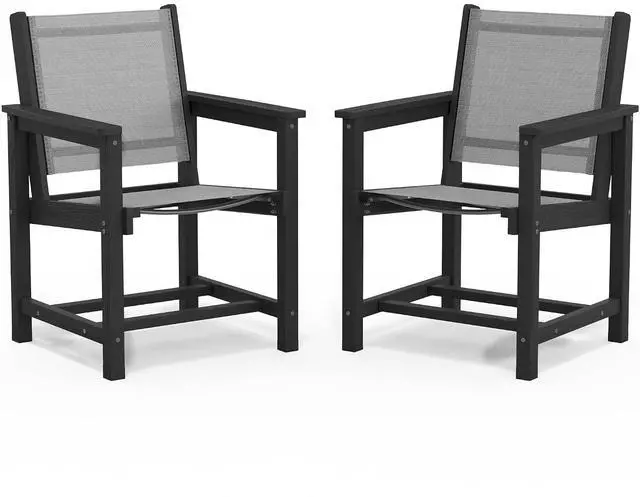 Main image of Outdoor Dining Chairs Set of 2, All-Weather HDPE Textilene Sling Dining Chair for Backyard, Garden, Black