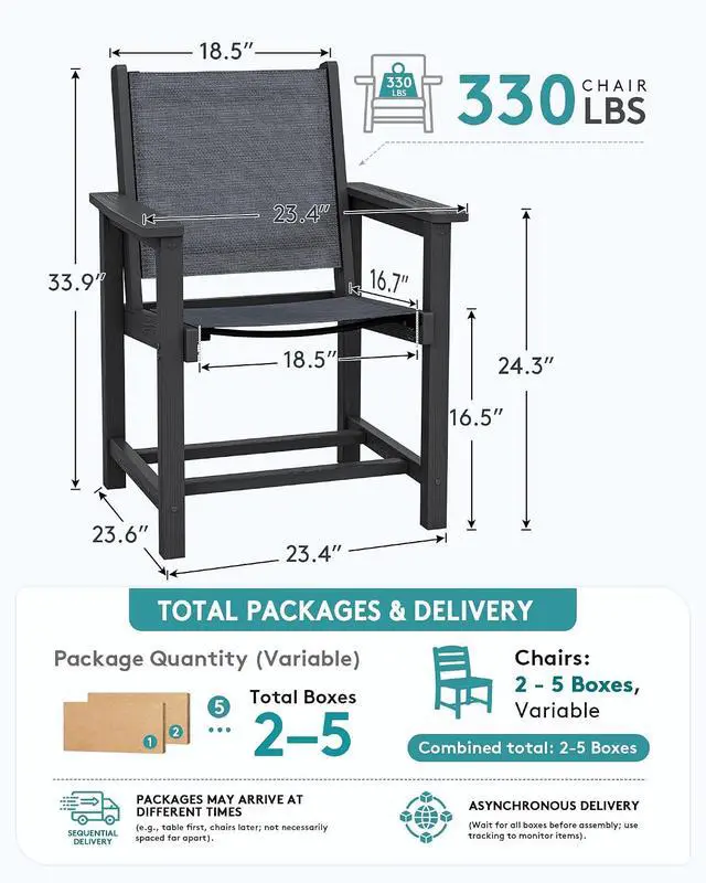 Alt view image 2 of 7 - Outdoor Dining Chairs Set of 2, All-Weather HDPE Textilene Sling Dining Chair for Backyard, Garden, Black