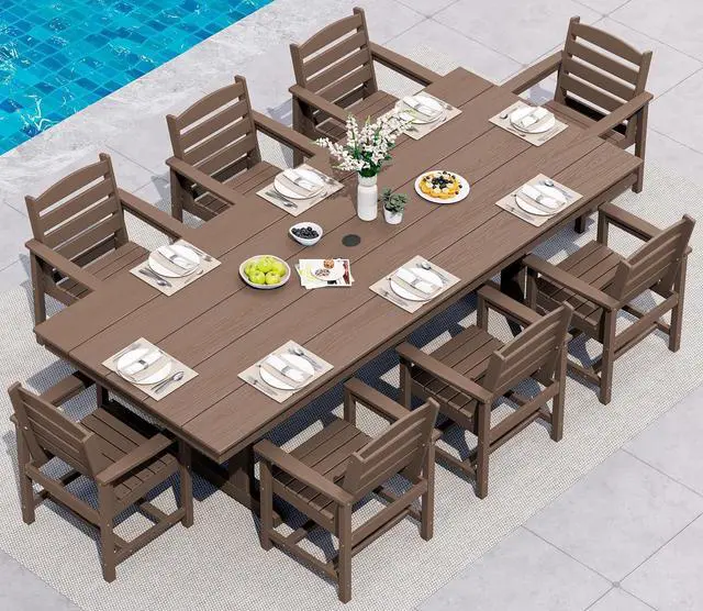 Main image of 9 Piece Outdoor Dining Set, 84" HDPE Large Patio Dining Furniture Set for 8, with Pre-drilled Umbrella Hole, Outdoor Tables and Chairs Set for Garden, Brown
