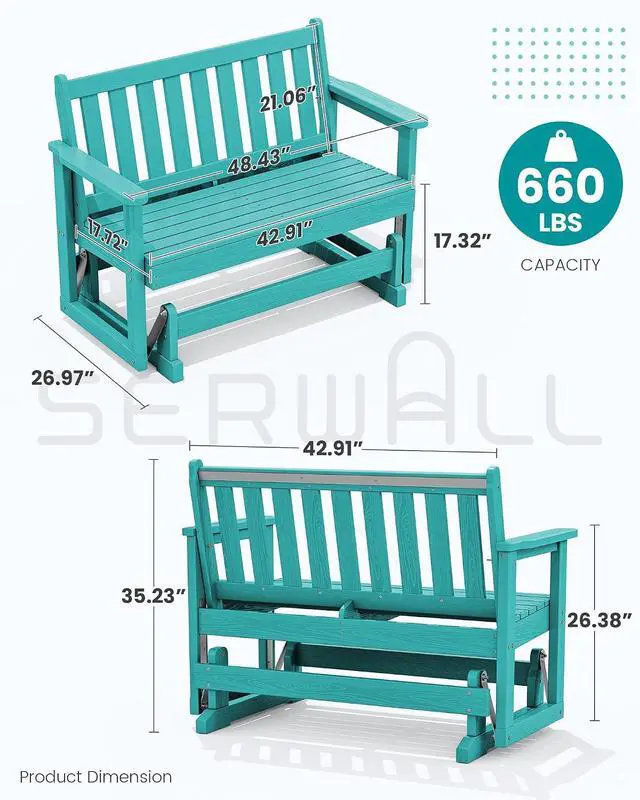 Alt view image 2 of 7 - 2 Person Patio Glider Bench, HDPE Material Weather-Resistant Swinging Bench for Outdoor Porch Garden, Aruba
