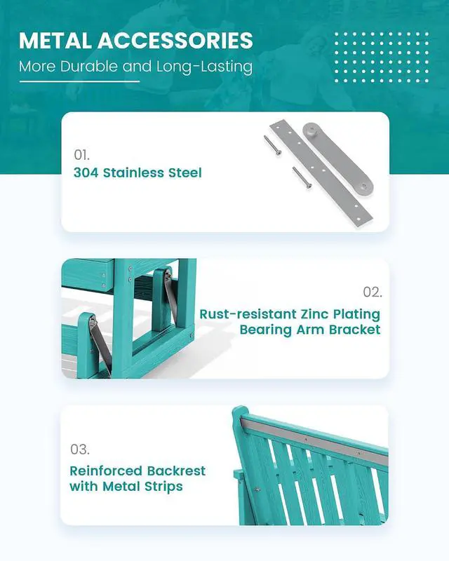 Alt view image 5 of 7 - 2 Person Patio Glider Bench, HDPE Material Weather-Resistant Swinging Bench for Outdoor Porch Garden, Aruba