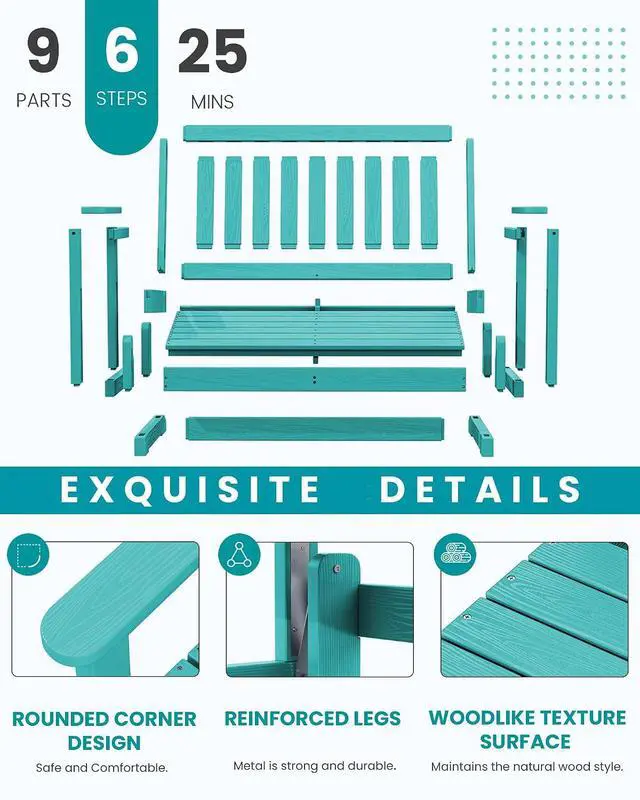 Alt view image 6 of 7 - 2 Person Patio Glider Bench, HDPE Material Weather-Resistant Swinging Bench for Outdoor Porch Garden, Aruba