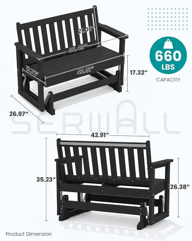 Alt view image 2 of 7 - 2 Person Patio Glider Bench, HDPE Material Weather-Resistant Swinging Bench for Outdoor Porch Garden, Black