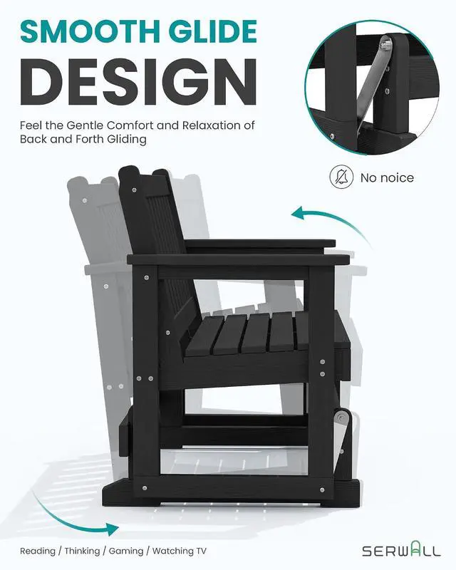 Alt view image 4 of 7 - 2 Person Patio Glider Bench, HDPE Material Weather-Resistant Swinging Bench for Outdoor Porch Garden, Black