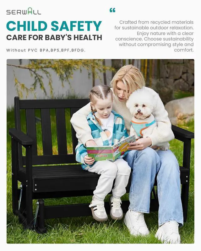 Alt view image 3 of 7 - 2 Person Patio Glider Bench, HDPE Material Weather-Resistant Swinging Bench for Outdoor Porch Garden, Black
