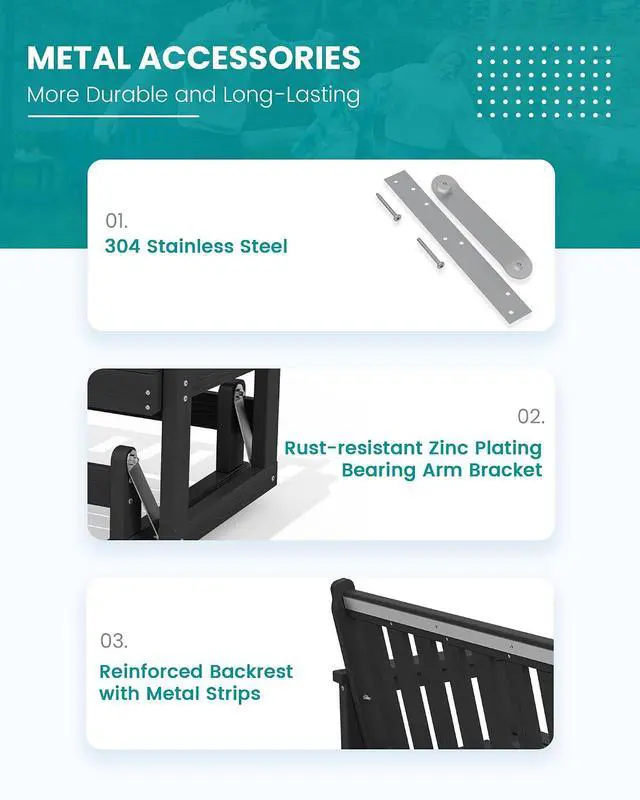 Alt view image 6 of 7 - 2 Person Patio Glider Bench, HDPE Material Weather-Resistant Swinging Bench for Outdoor Porch Garden, Black