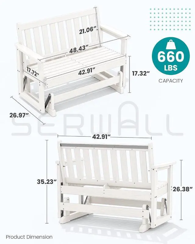 Alt view image 2 of 7 - 2 Person Patio Glider Rocking Chair, HDPE Material Weather-Resistant Swinging Bench for Outdoor Porch Garden, White