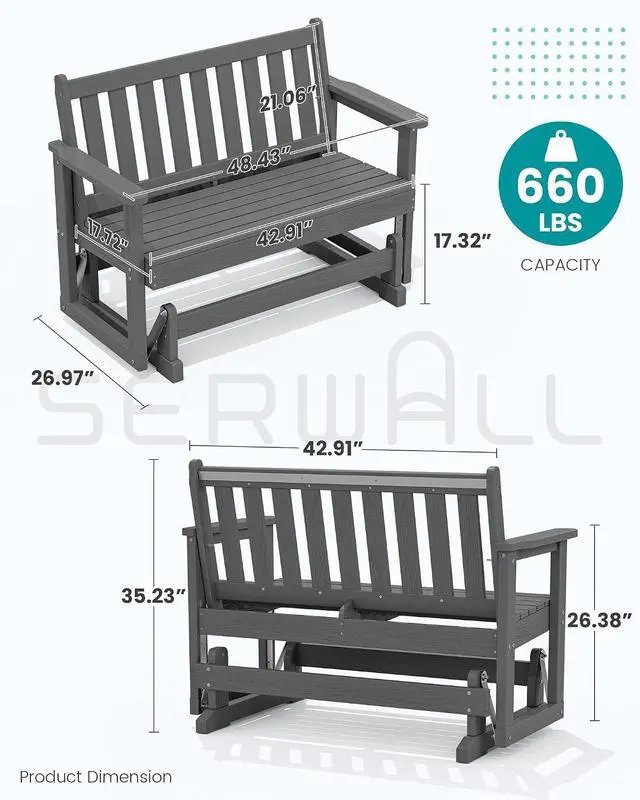 Alt view image 2 of 7 - Outdoor Glider Rocking Chair, HDPE All-Weather Resistant 2-Person Loveseat, Outdoor Rocking Bench Chair with 660LBS Capacity for Backyard Garden Porch, Grey