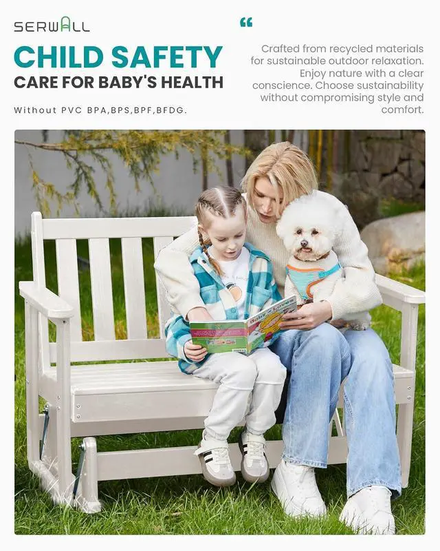 Alt view image 7 of 7 - 2 Person Patio Glider Rocking Chair, HDPE Material Weather-Resistant Swinging Bench for Outdoor Porch Garden, White