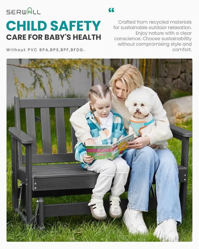 Alt view image 7 of 7 - Outdoor Glider Rocking Chair, HDPE All-Weather Resistant 2-Person Loveseat, Outdoor Rocking Bench Chair with 660LBS Capacity for Backyard Garden Porch, Grey