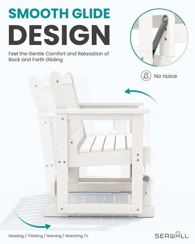 Alt view image 3 of 7 - 2 Person Patio Glider Rocking Chair, HDPE Material Weather-Resistant Swinging Bench for Outdoor Porch Garden, White