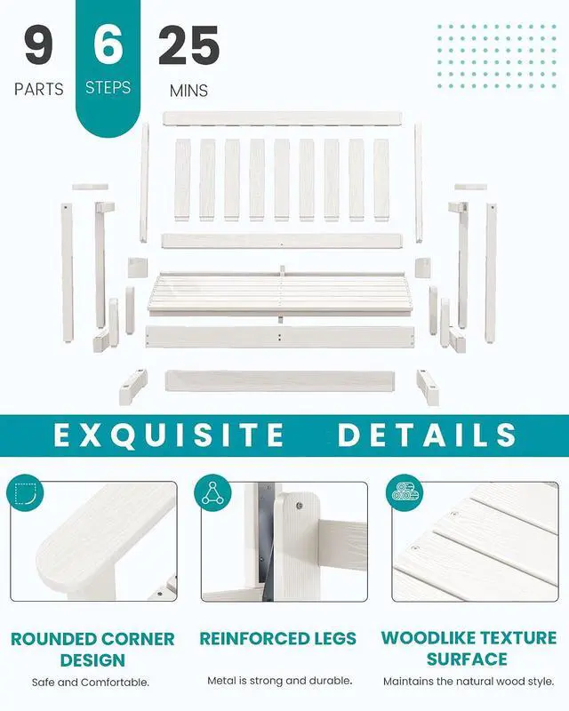 Alt view image 4 of 7 - 2 Person Patio Glider Rocking Chair, HDPE Material Weather-Resistant Swinging Bench for Outdoor Porch Garden, White