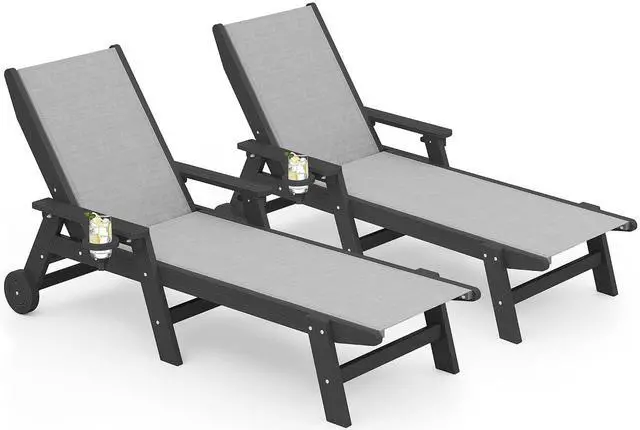 Main image of Textilene Patio Chaise Lounge Chair Set of 2, HDPE Outdoor Lounger for Pool, Black