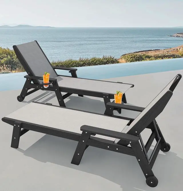 Alt view image 2 of 7 - Textilene Patio Chaise Lounge Chair Set of 2, HDPE Outdoor Lounger for Pool, Black