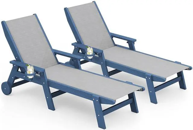 Main image of Textilene Patio Chaise Lounge Chair Set of 2, 5 Positions Outdoor Lounger with Rolling Wheels for Pool, Deck, Blue