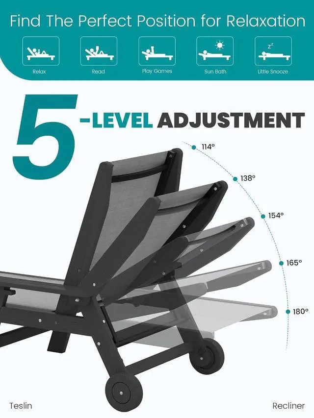 Alt view image 4 of 7 - Textilene Patio Chaise Lounge Chair, HDPE Outdoor Lounger with Rolling Wheels for Pool, Deck, Black
