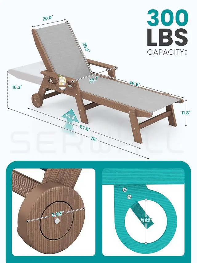 Alt view image 2 of 7 - Textilene Patio Chaise Lounge Chair Set of 2, HDPE Outdoor Lounger for Pool, Deck, Brown
