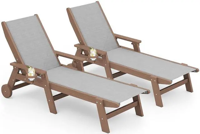 Main image of Textilene Patio Chaise Lounge Chair Set of 2, HDPE Outdoor Lounger for Pool, Deck, Brown