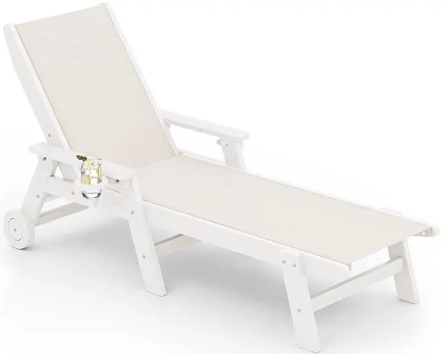 Main image of Textilene Patio Chaise Lounge Chair, 5 Positions Adjustable Outdoor Lounger with Rolling Wheels for Pool, Deck, White