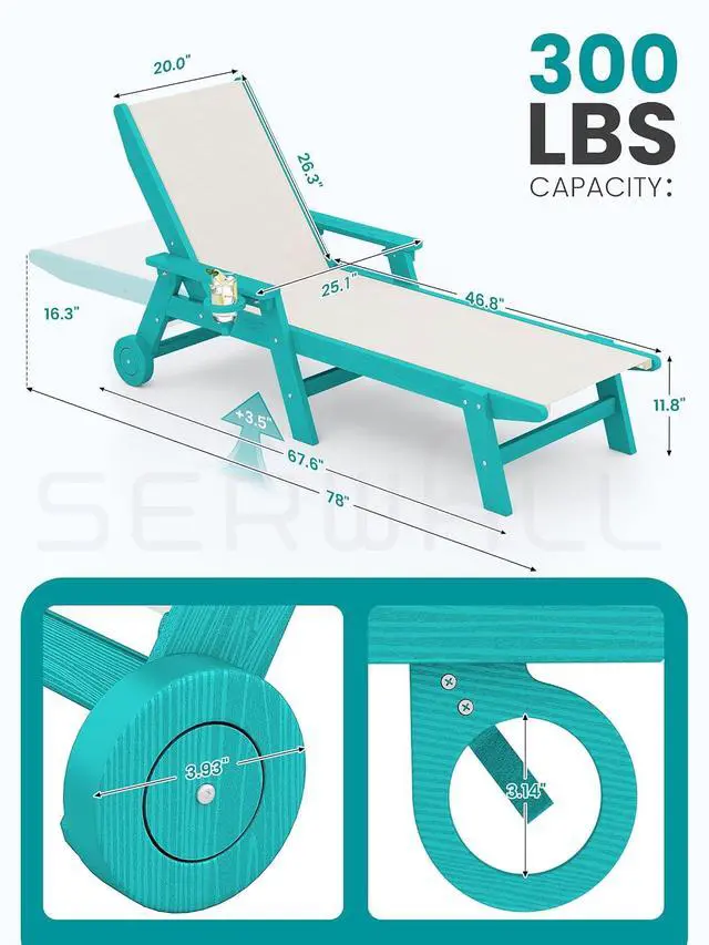 Alt view image 2 of 7 - Textilene Patio Chaise Lounge Chair, 5 Positions Adjustable Outdoor Lounger with Rolling Wheels for Pool, Deck, Aruba Blue