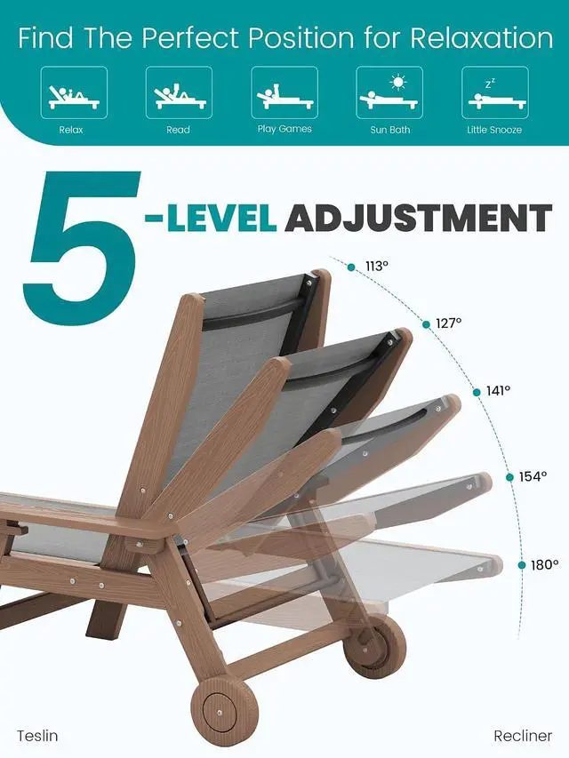 Alt view image 3 of 7 - Textilene Patio Chaise Lounge Chair Set of 2, HDPE Outdoor Lounger for Pool, Deck, Brown