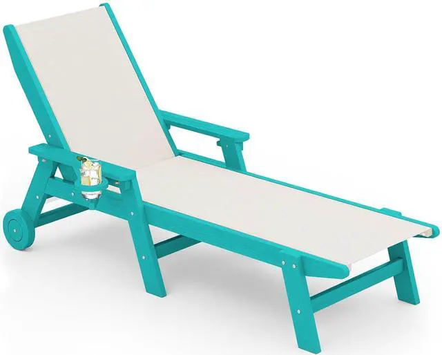 Main image of Textilene Patio Chaise Lounge Chair, 5 Positions Adjustable Outdoor Lounger with Rolling Wheels for Pool, Deck, Aruba Blue