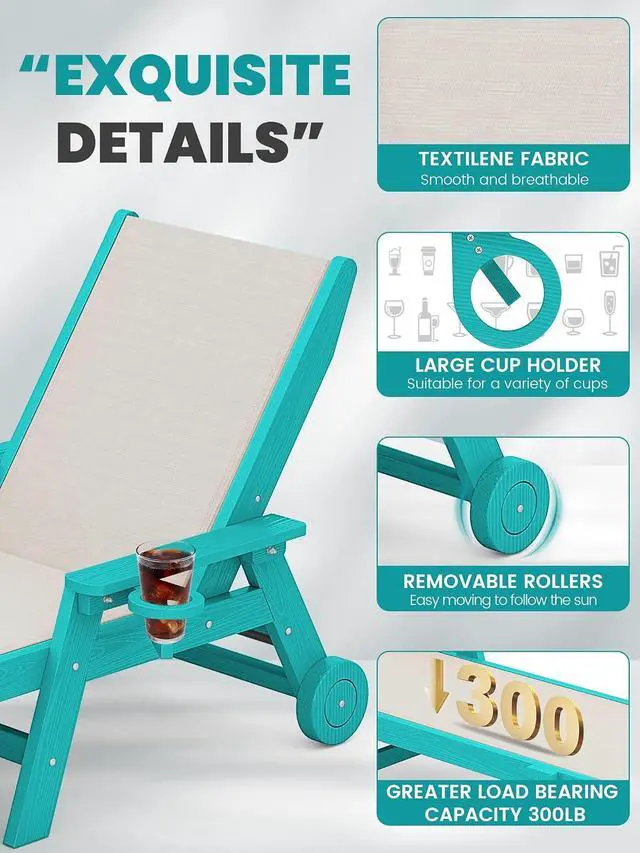 Alt view image 4 of 7 - Textilene Patio Chaise Lounge Chair, 5 Positions Adjustable Outdoor Lounger with Rolling Wheels for Pool, Deck, Aruba Blue