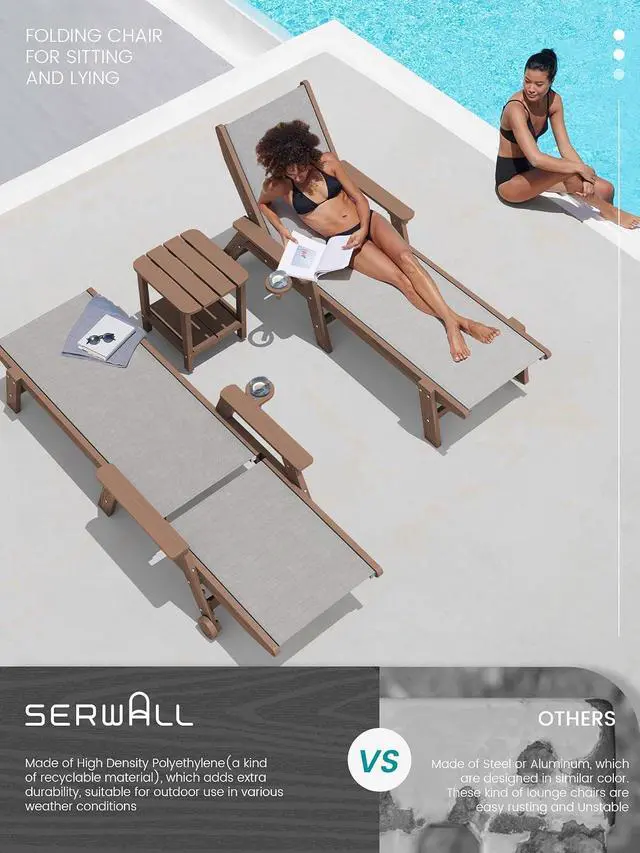 Alt view image 6 of 7 - Textilene Patio Chaise Lounge Chair Set of 2, HDPE Outdoor Lounger for Pool, Deck, Brown