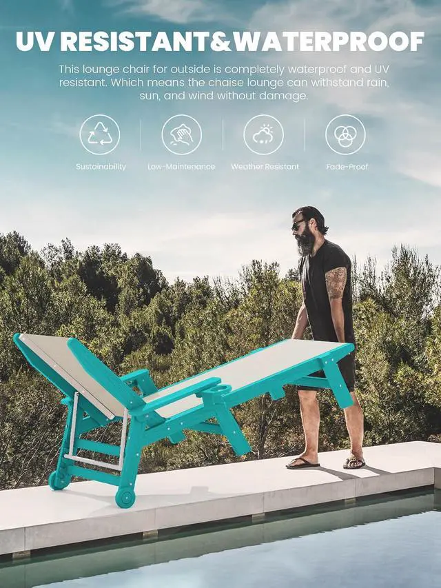 Alt view image 6 of 7 - Textilene Patio Chaise Lounge Chair, 5 Positions Adjustable Outdoor Lounger with Rolling Wheels for Pool, Deck, Aruba Blue