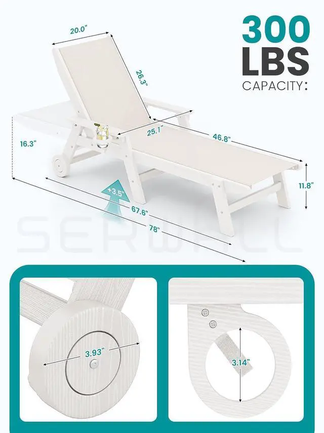Alt view image 2 of 7 - Textilene Patio Chaise Lounge Chair Set of 2, 5 Positions Outdoor Lounger with Rolling Wheels for Pool, Deck, White