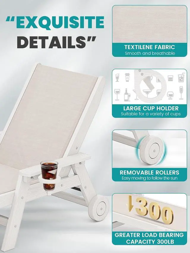 Alt view image 4 of 7 - Textilene Patio Chaise Lounge Chair Set of 2, 5 Positions Outdoor Lounger with Rolling Wheels for Pool, Deck, White