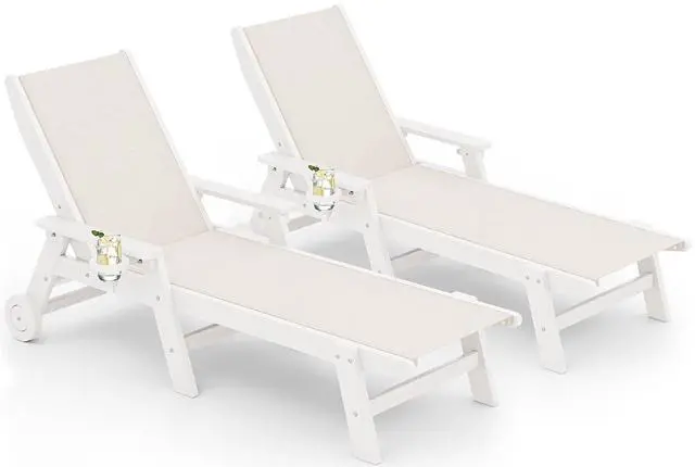 Main image of Textilene Patio Chaise Lounge Chair Set of 2, 5 Positions Outdoor Lounger with Rolling Wheels for Pool, Deck, White