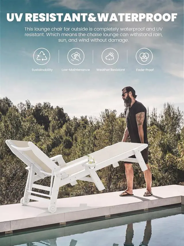 Alt view image 6 of 7 - Textilene Patio Chaise Lounge Chair Set of 2, 5 Positions Outdoor Lounger with Rolling Wheels for Pool, Deck, White