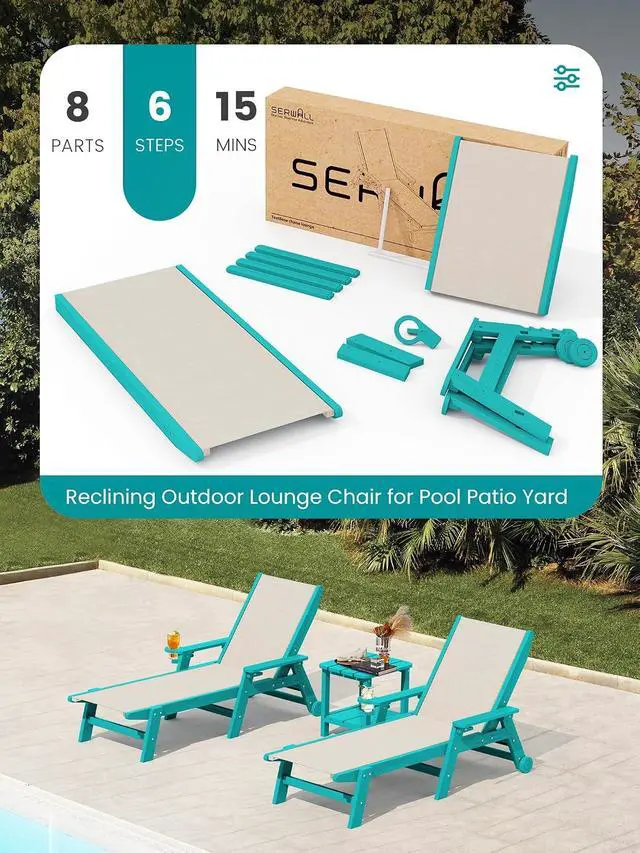 Alt view image 7 of 7 - Textilene Patio Chaise Lounge Chair, 5 Positions Adjustable Outdoor Lounger with Rolling Wheels for Pool, Deck, Aruba Blue