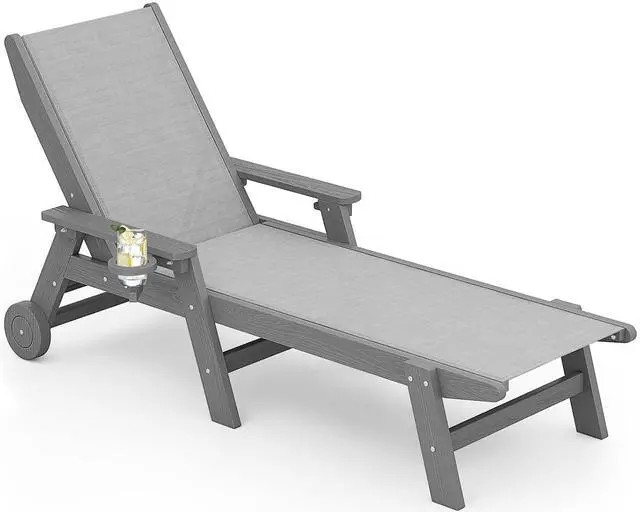 Main image of Textilene Patio Chaise Lounge Chair, 5 Positions Adjustable Outdoor Lounger with Rolling Wheels for Pool, Deck, Gray