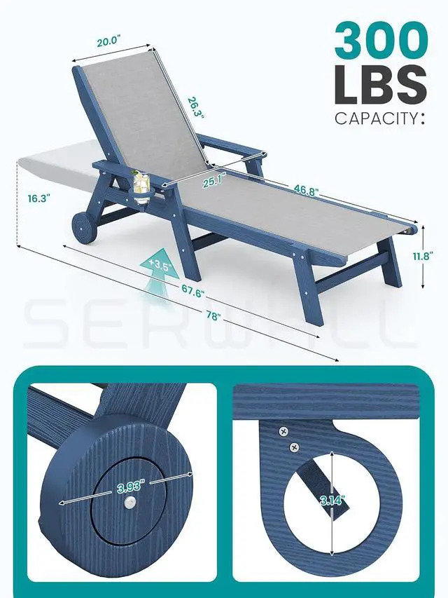 Alt view image 2 of 7 - Textilene Patio Chaise Lounge Chair, 5 Positions Adjustable Outdoor Lounger with Rolling Wheels for Pool, Deck, Blue