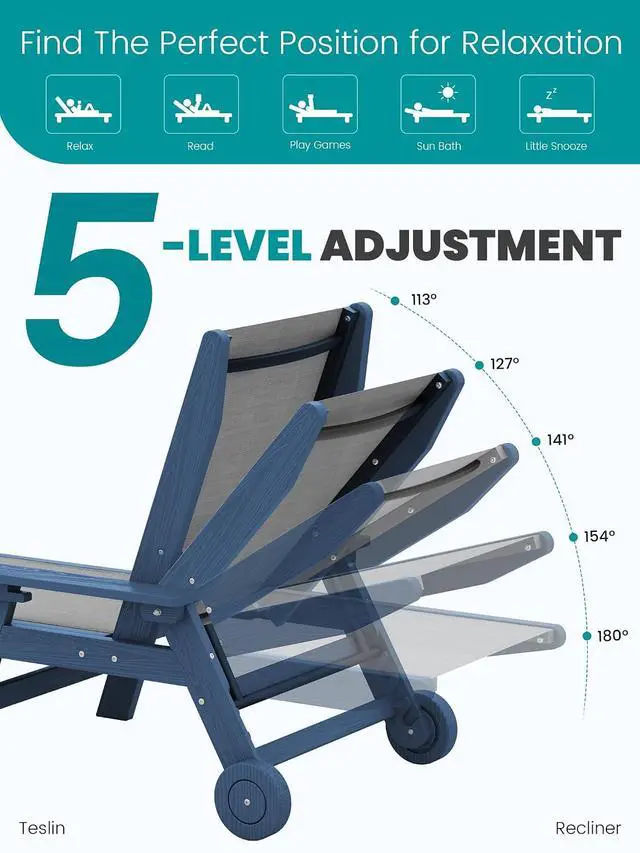 Alt view image 3 of 7 - Textilene Patio Chaise Lounge Chair, 5 Positions Adjustable Outdoor Lounger with Rolling Wheels for Pool, Deck, Blue