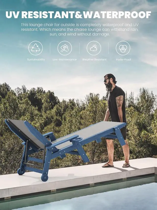 Alt view image 6 of 7 - Textilene Patio Chaise Lounge Chair, 5 Positions Adjustable Outdoor Lounger with Rolling Wheels for Pool, Deck, Blue
