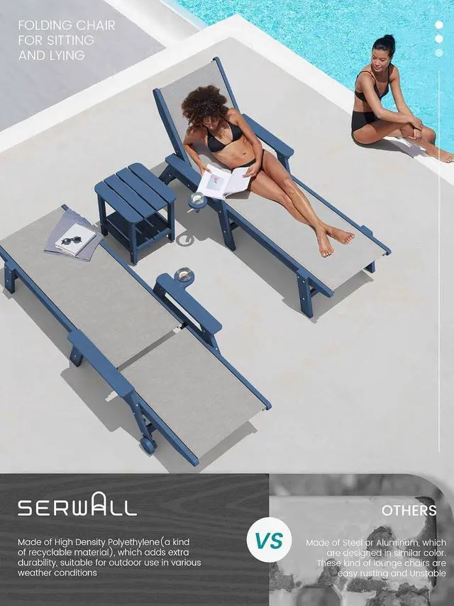 Alt view image 7 of 7 - Textilene Patio Chaise Lounge Chair, 5 Positions Adjustable Outdoor Lounger with Rolling Wheels for Pool, Deck, Blue