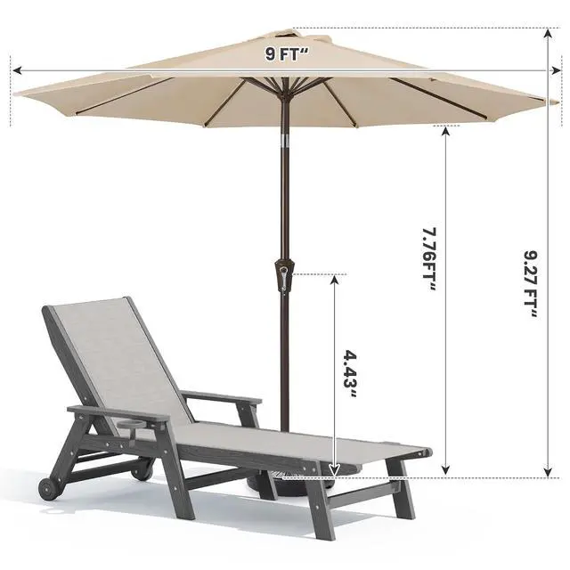 Alt view image 2 of 6 - Textilene Patio Chaise Lounge Chair Set of 2 with 9FT Patio Umbrella, Grey (Umbreall Base not Included)