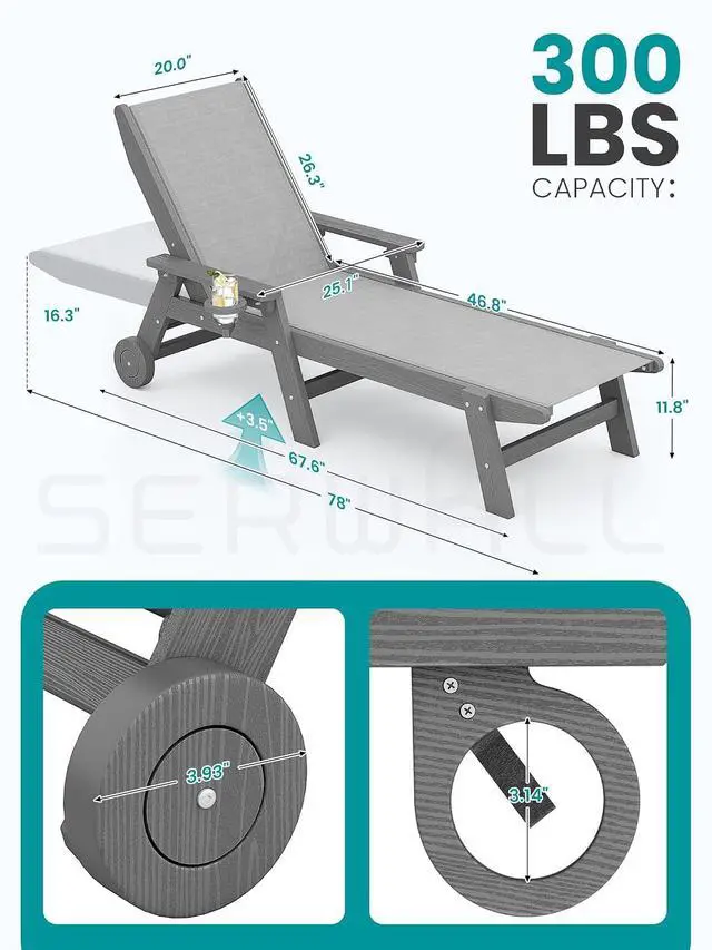 Alt view image 3 of 7 - Textilene Patio Chaise Lounge Chair, 5 Positions Adjustable Outdoor Lounger with Rolling Wheels for Pool, Deck, Gray