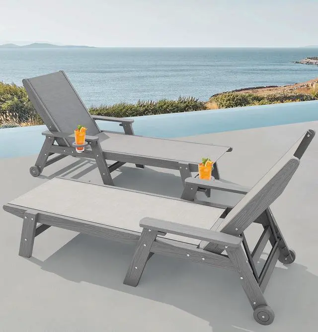 Alt view image 2 of 7 - Textilene Patio Chaise Lounge Chair, 5 Positions Adjustable Outdoor Lounger with Rolling Wheels for Pool, Deck, Gray