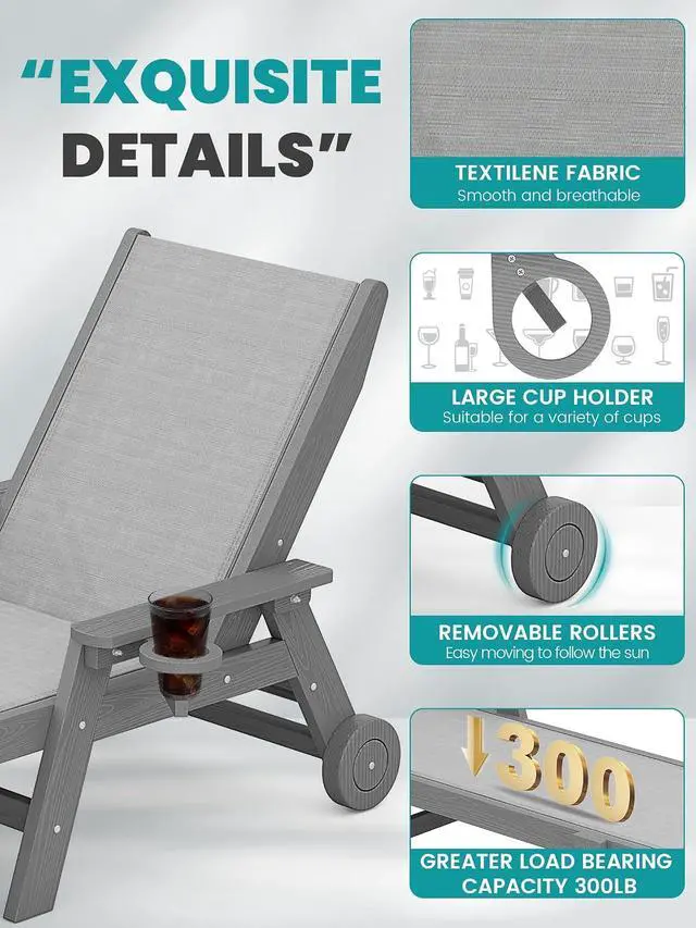 Alt view image 4 of 7 - Textilene Patio Chaise Lounge Chair, 5 Positions Adjustable Outdoor Lounger with Rolling Wheels for Pool, Deck, Gray