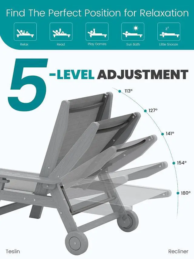 Alt view image 5 of 7 - Textilene Patio Chaise Lounge Chair, 5 Positions Adjustable Outdoor Lounger with Rolling Wheels for Pool, Deck, Gray