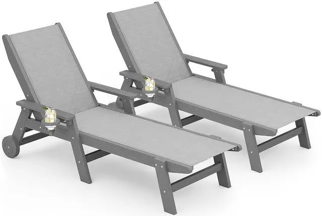 Main image of Textilene Patio Chaise Lounge Chair Set of 2, HDPE Outdoor Lounger for Pool, Deck, Gray